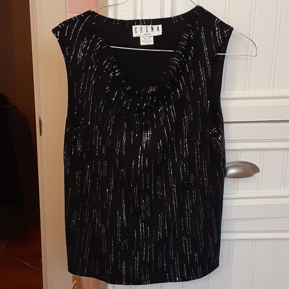 Black, sparkly, sleeveless scoop neck top